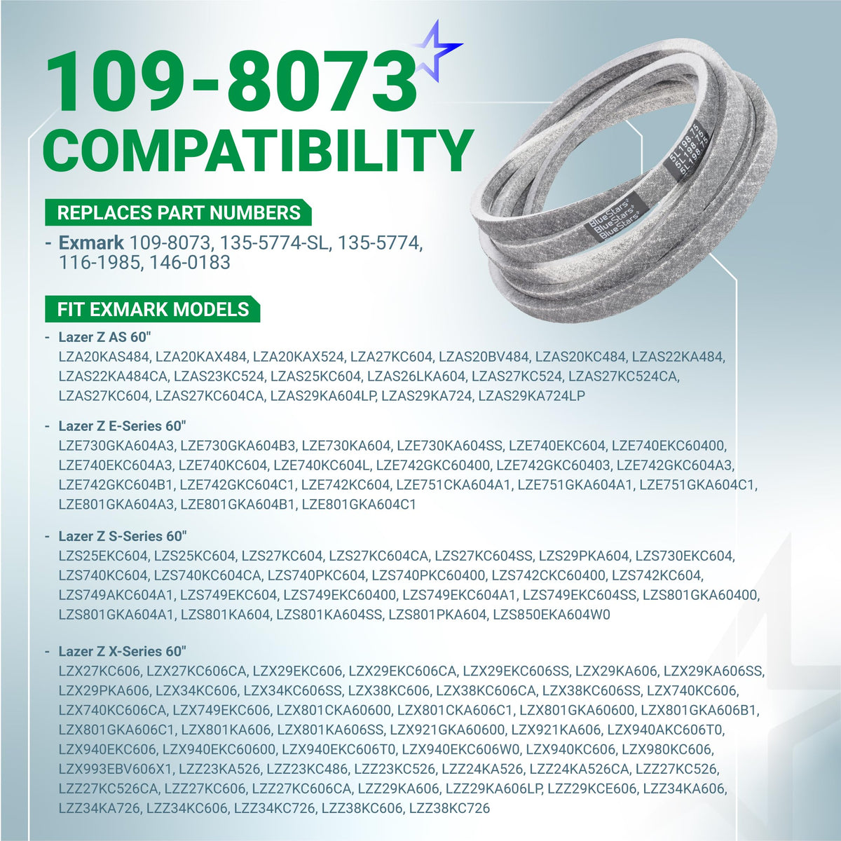 109-8073 replacement deck belt for 60-inch Exmark Lazer Z mowers, showing compatibility and part number reference chart.