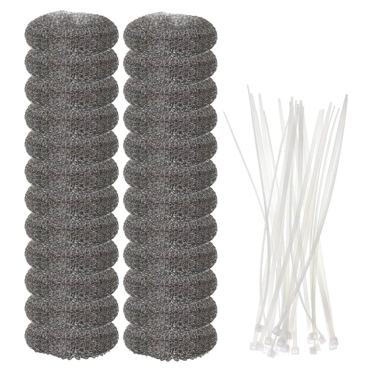 Set of 24 stainless steel mesh washing machine lint traps with white plastic cable ties.