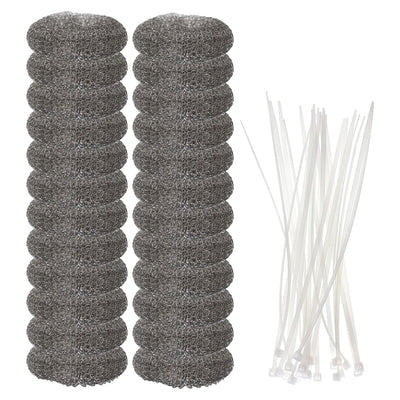 Set of 24 stainless steel mesh washing machine lint traps with white plastic cable ties.