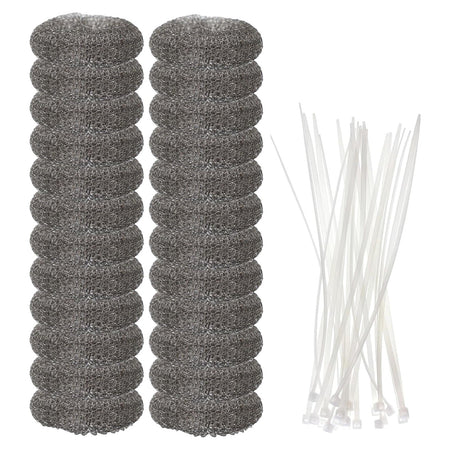 Set of 24 stainless steel mesh washing machine lint traps with white plastic cable ties.