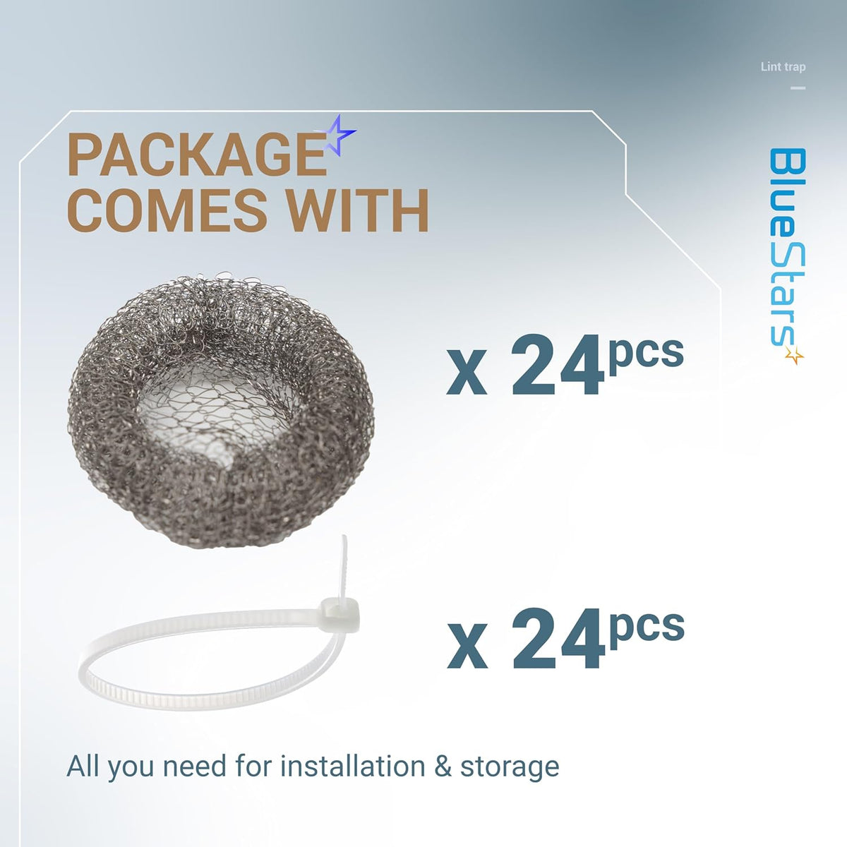 Package contents showing 24 stainless steel washing machine lint traps and 24 cable ties for installation.