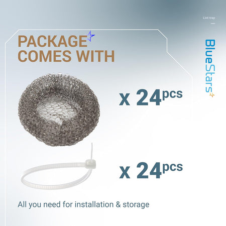 Package contents showing 24 stainless steel washing machine lint traps and 24 cable ties for installation.