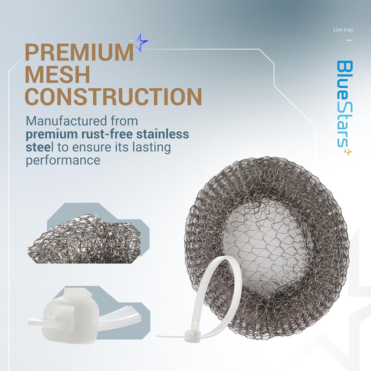 Stainless steel mesh washing machine lint trap with cable tie for hose drainage.
