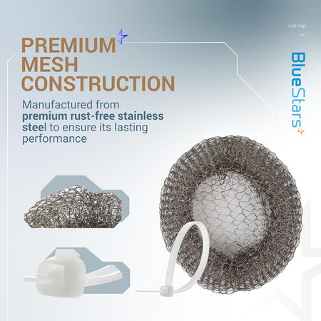 Stainless steel mesh washing machine lint trap with cable tie for hose drainage.