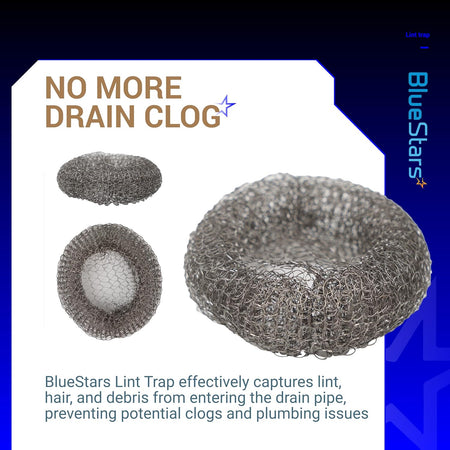 Three stainless steel mesh washing machine lint traps shown from different angles.
