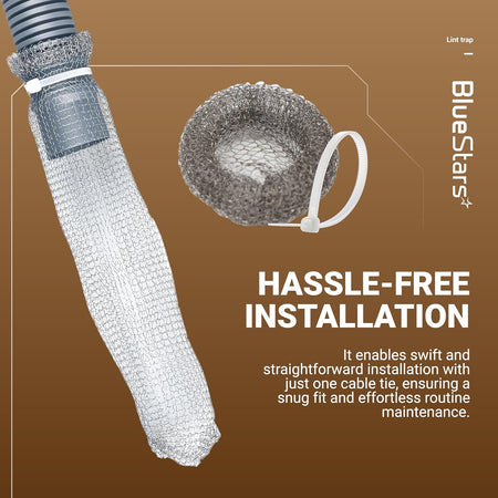 Stainless steel mesh washing machine lint trap installed on a drain hose with a cable tie for easy maintenance.
