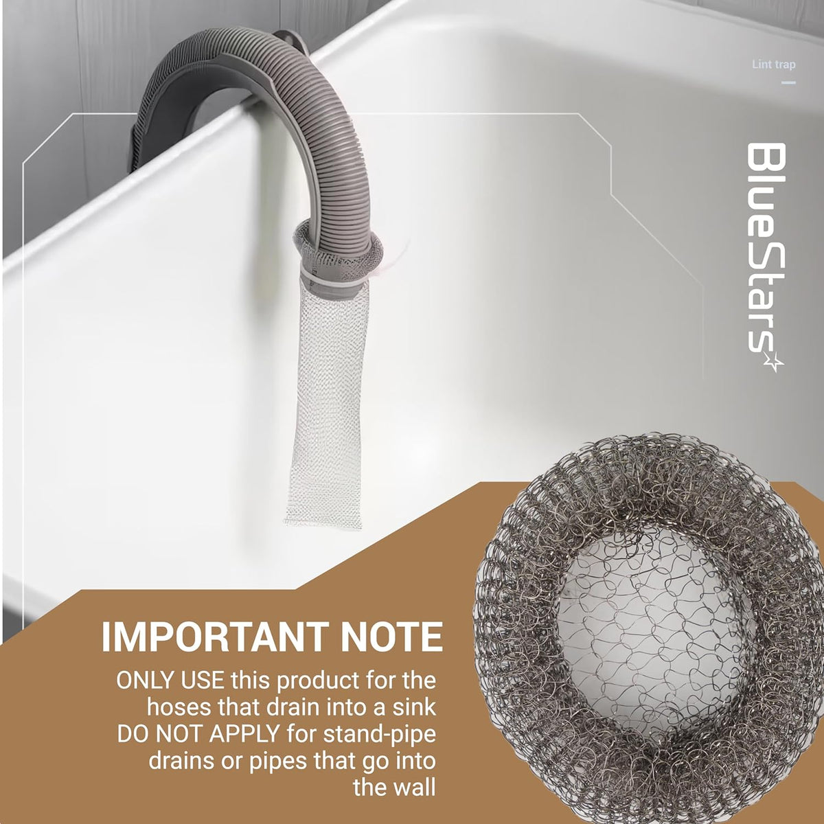 Stainless steel mesh lint trap installed on a washing machine drain hose discharging into a sink.