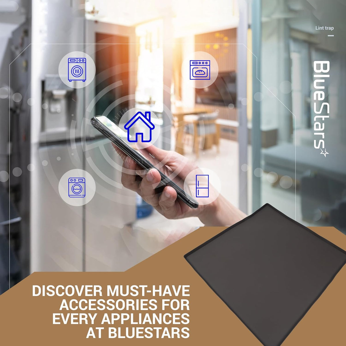 BlueStars promotional graphic featuring appliance icons and text about must-have accessories for home appliances.