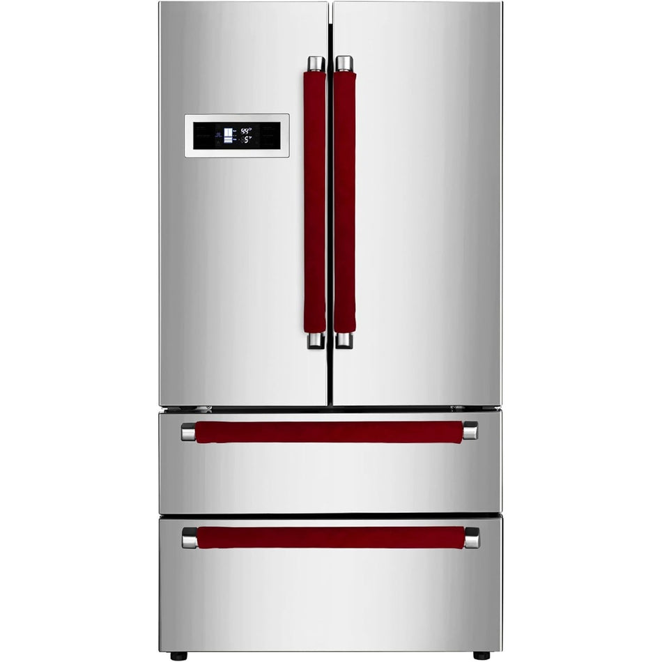Four red refrigerator door handle covers installed on a stainless steel French door refrigerator.