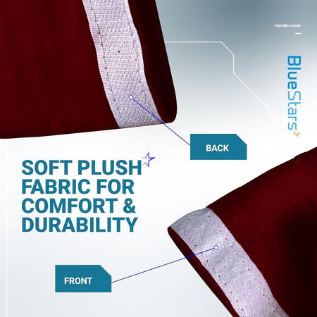 Close-up of red refrigerator door handle cover showing the soft plush fabric and hook-and-loop fastener design.