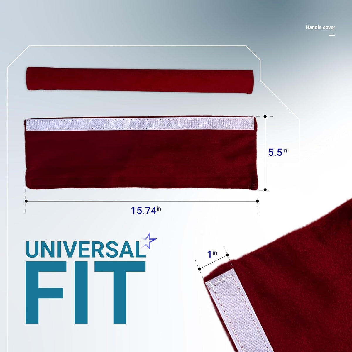 Red refrigerator door handle cover showing 15.74x5.5 inch dimensions and velcro closure detail.