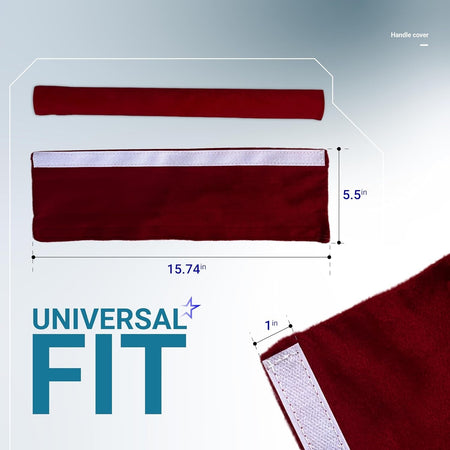 Red refrigerator door handle cover showing 15.74x5.5 inch dimensions and velcro closure detail.
