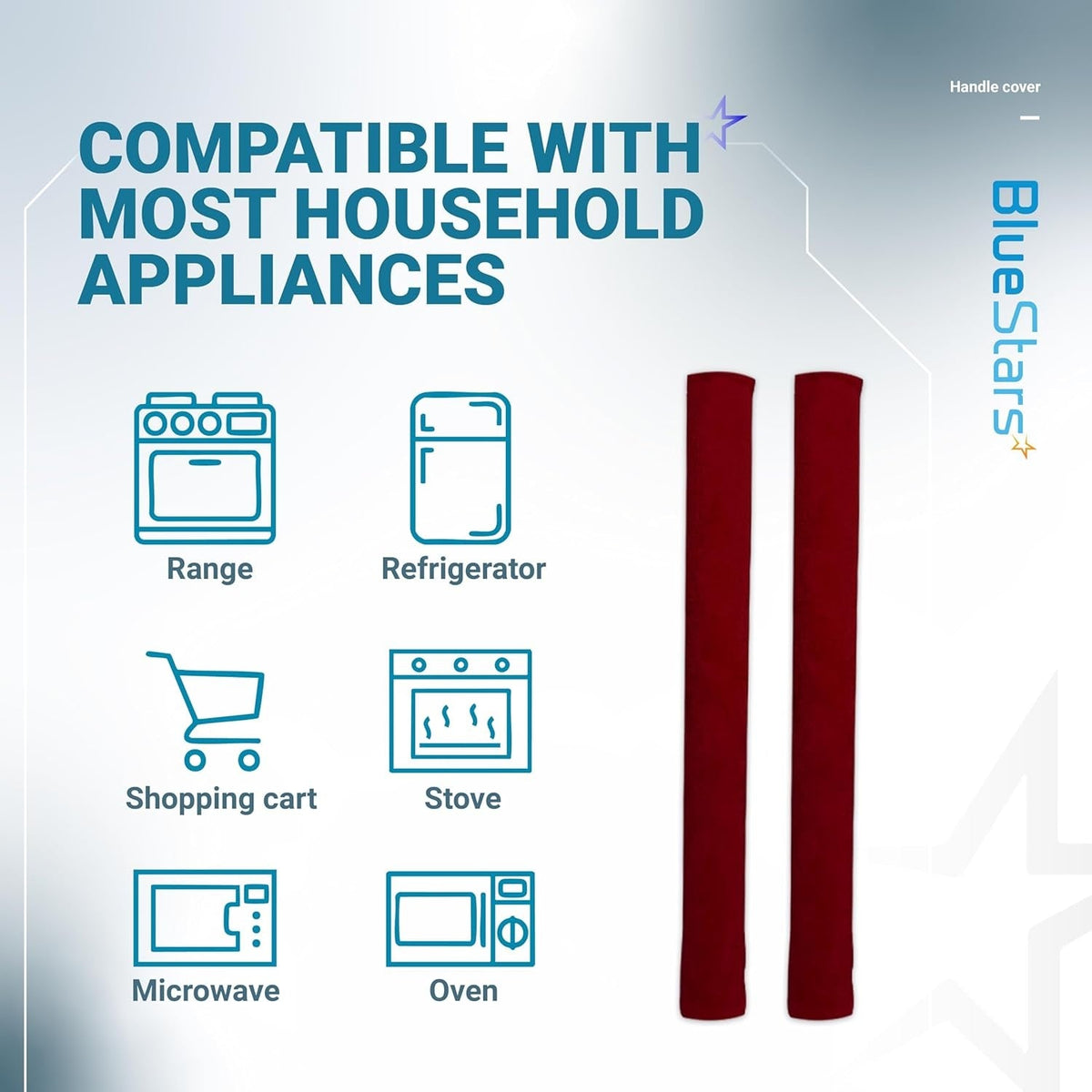 Two red refrigerator door handle covers shown with compatibility icons for household appliances.