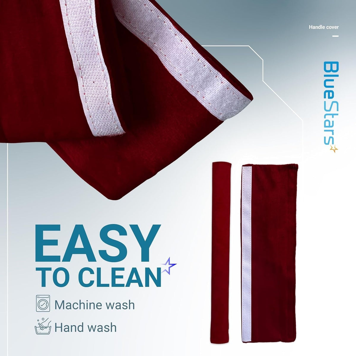 Red refrigerator door handle cover with velcro closure, showing easy-to-clean machine washable fabric.