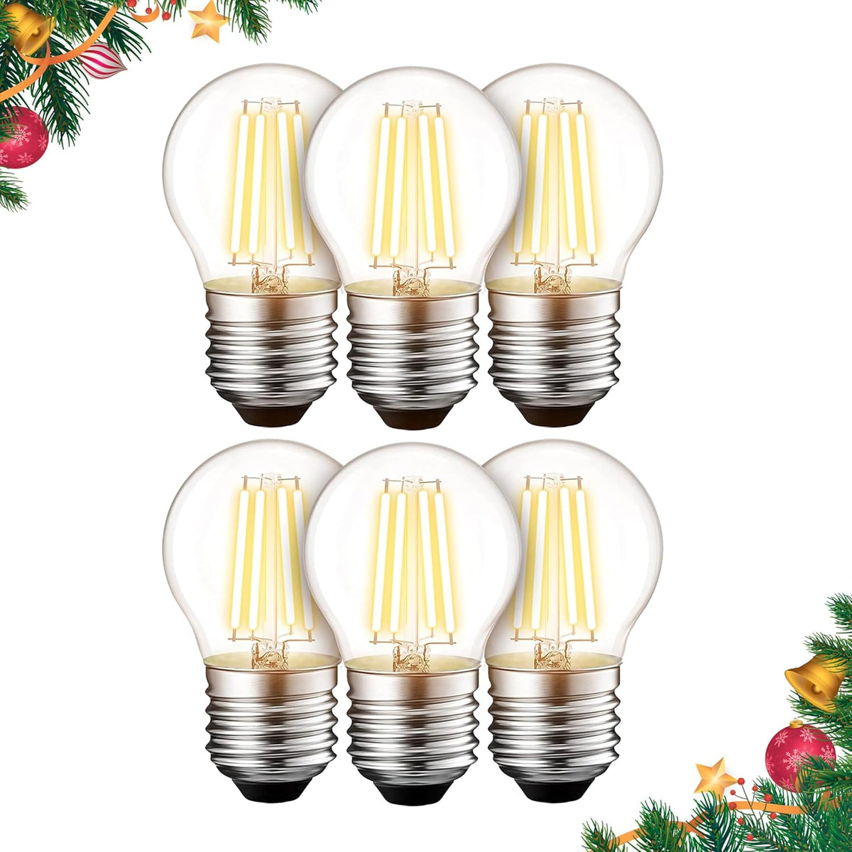Pack of six G45 E26 Edison LED filament globe bulbs with clear glass and visible filaments.