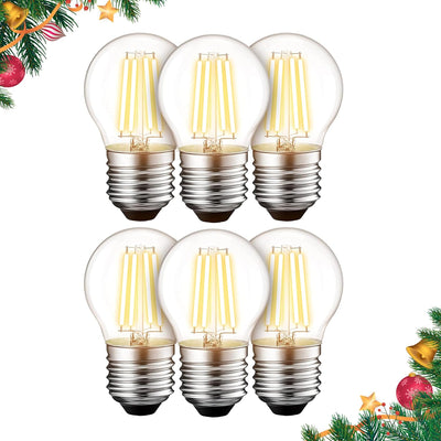 Pack of six G45 E26 Edison LED filament globe bulbs with clear glass and visible filaments.