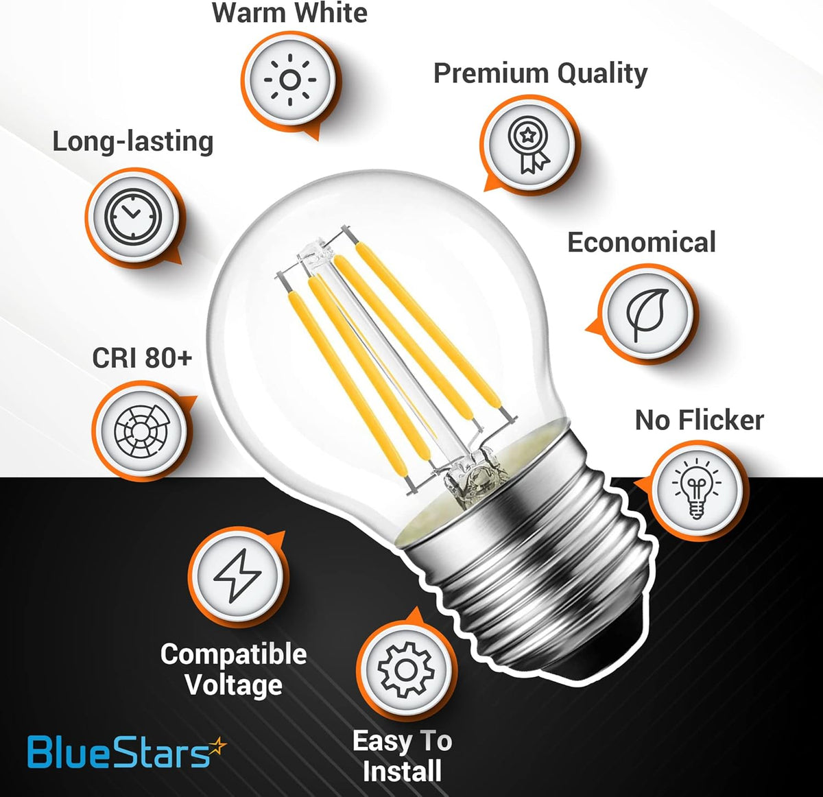 G45 E26 Edison LED filament globe bulb with infographic icons highlighting features like warm white and no flicker.