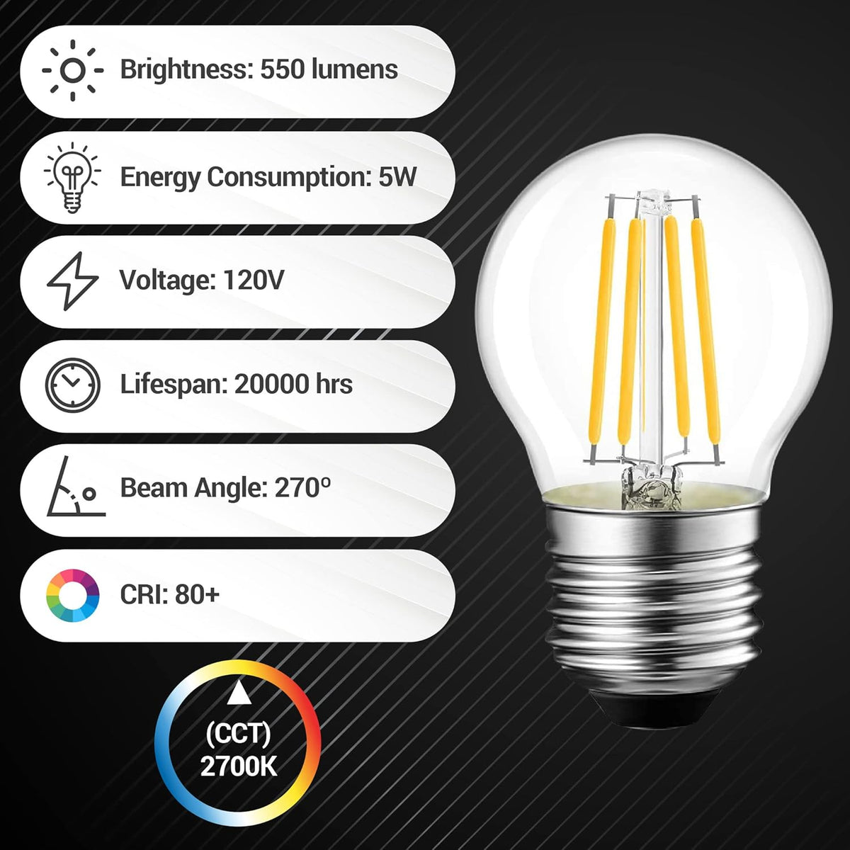 G45 E26 Edison LED filament globe bulb with technical specifications infographic showing 5W power and 2700K color.