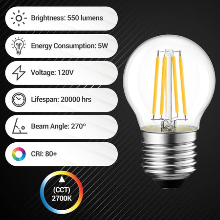 G45 E26 Edison LED filament globe bulb with technical specifications infographic showing 5W power and 2700K color.