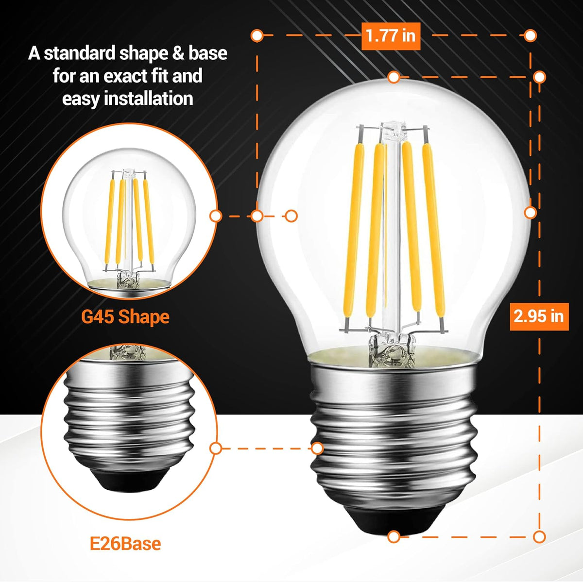 G45 LED filament globe bulb with E26 base showing dimensions of 1.77 inches width and 2.95 inches height.