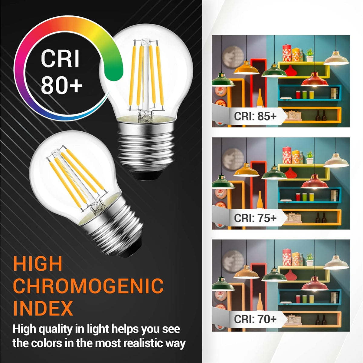 G45 E26 Edison LED filament globe bulbs showing CRI 80+ color rendering comparison chart.