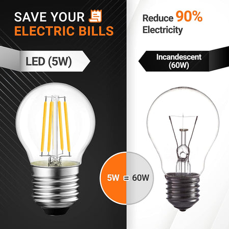 Comparison graphic showing 5W G45 E26 LED filament bulb versus 60W incandescent bulb for energy savings.
