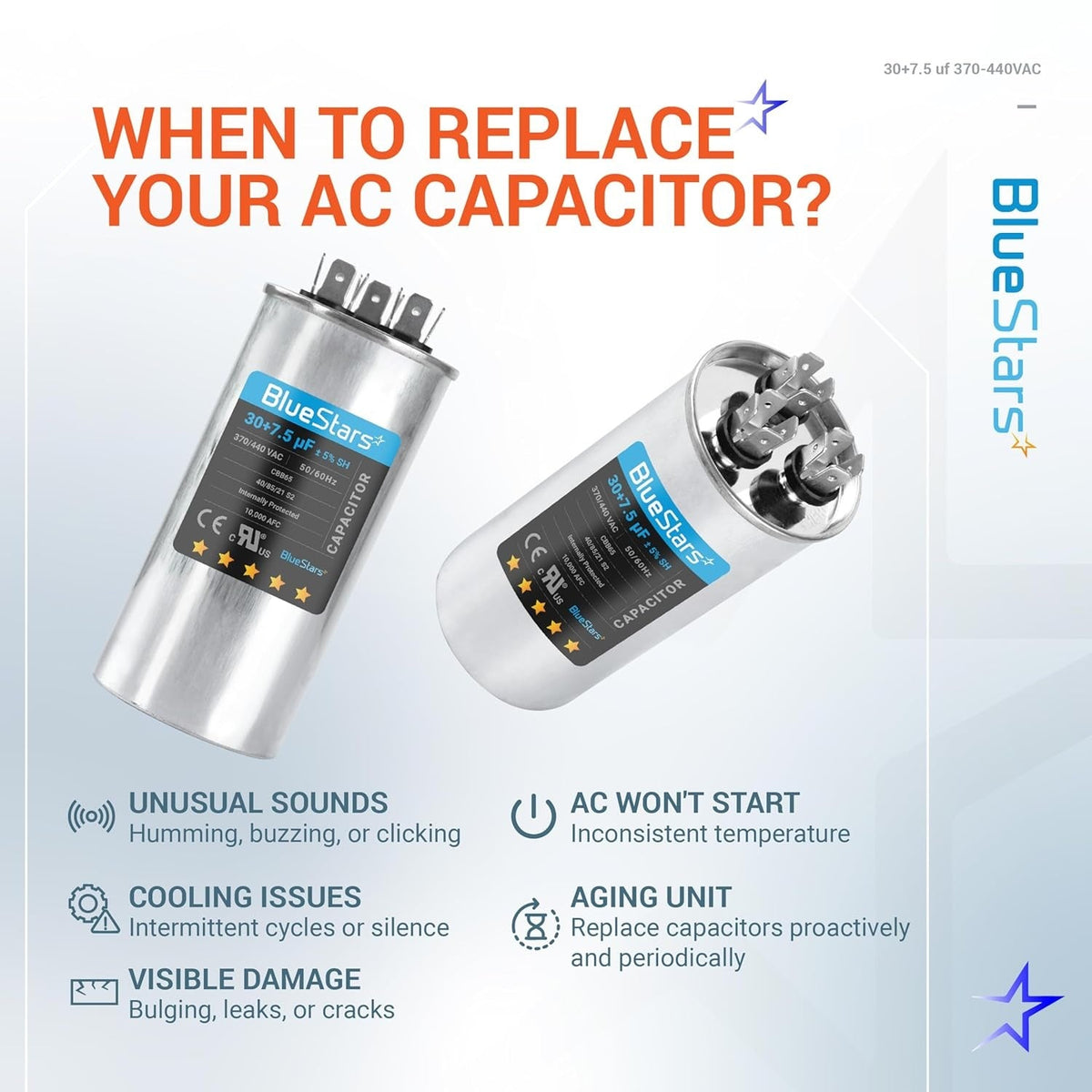 Informational graphic showing two 30+7.5 uF dual run capacitors with signs indicating when to replace your AC capacitor.