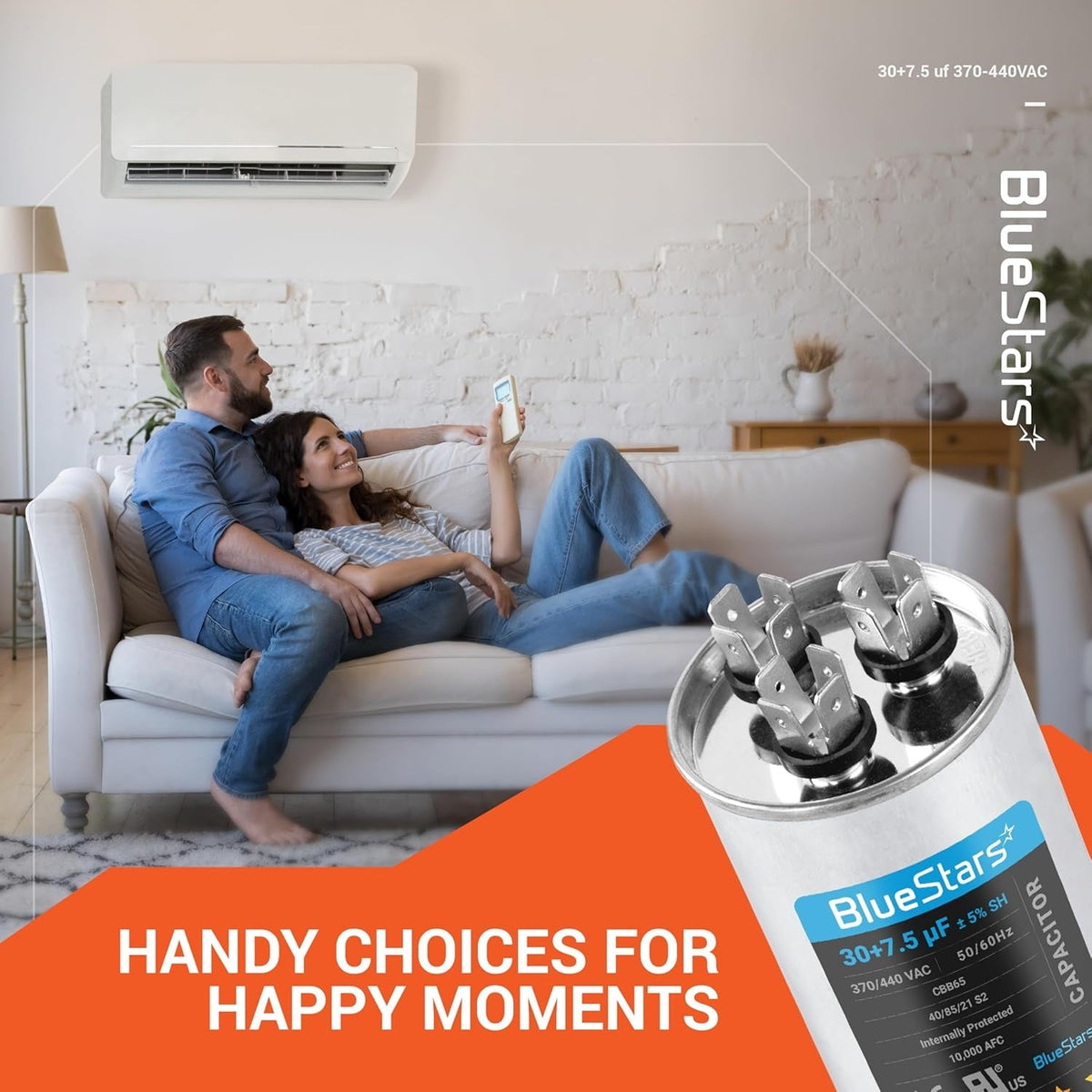 30+7.5 uF dual run capacitor for AC condenser and heat pump units, shown in a lifestyle marketing graphic.