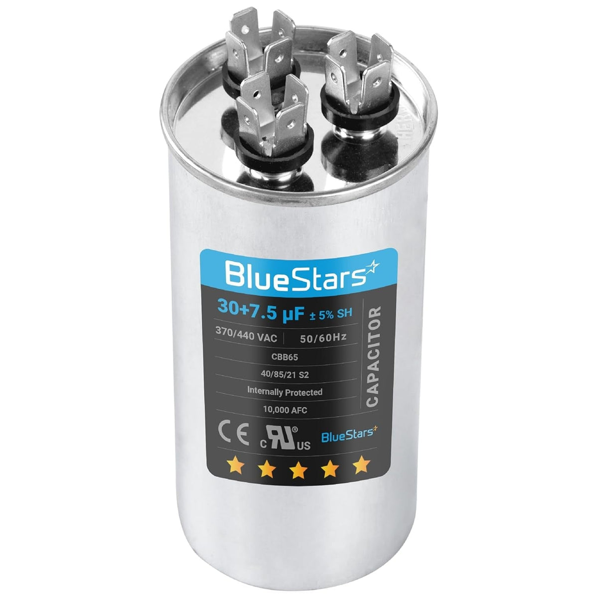 30+7.5 uF dual run round capacitor for condenser and heat pump units with terminal connectors.