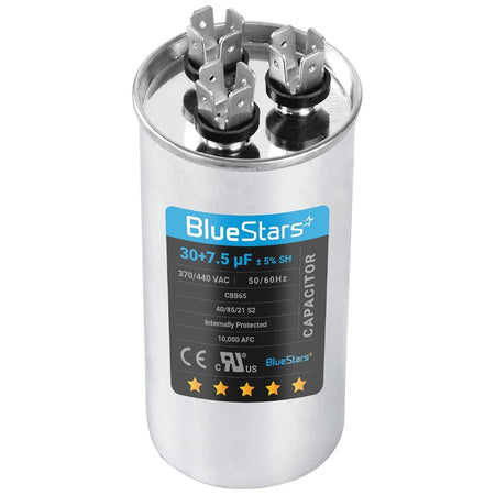 30+7.5 uF dual run round capacitor for condenser and heat pump units with terminal connectors.