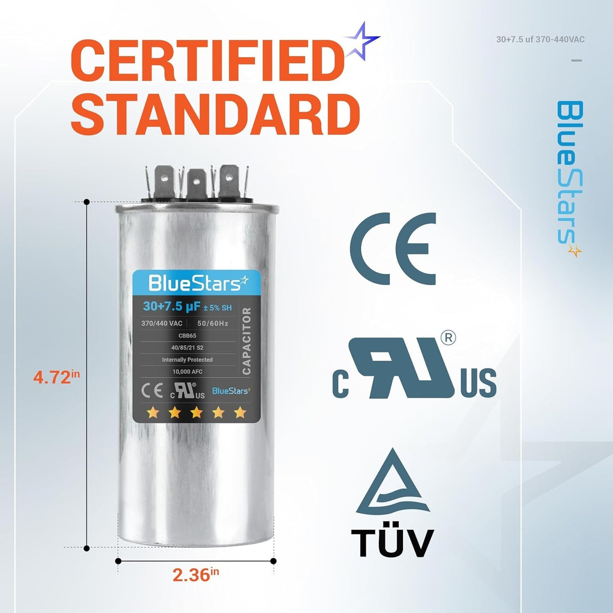BlueStars 30+7.5 uF dual run capacitor with dimensions labeled for condenser and heat pump HVAC systems.