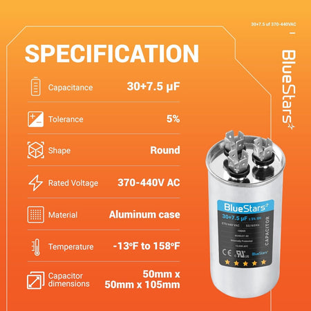 Specification chart for 30+7.5 uF 370/440 VAC dual run round capacitor with technical details and dimensions.