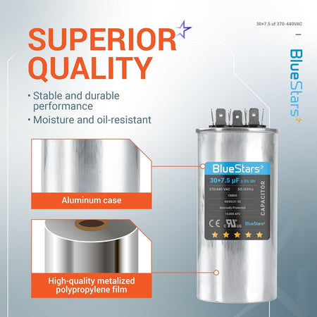 BlueStars 30+7.5 uF dual run capacitor with aluminum case and metalized polypropylene film construction.