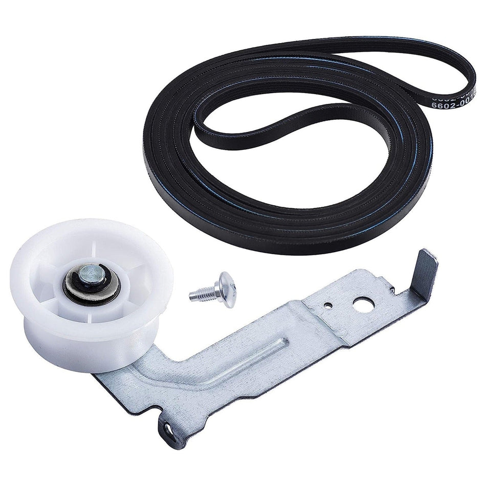 Replacement dryer drum belt and idler pulley assembly with mounting hardware for Samsung and Kenmore dryers.