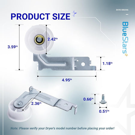 Dimensional diagram of DC93-00634A dryer idler pulley with measurements for Samsung and Kenmore dryer repair.