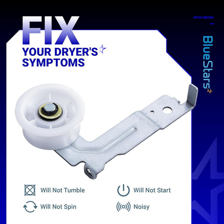 DC93-00634A dryer idler pulley assembly with metal bracket and white wheel for Samsung and Kenmore dryers.