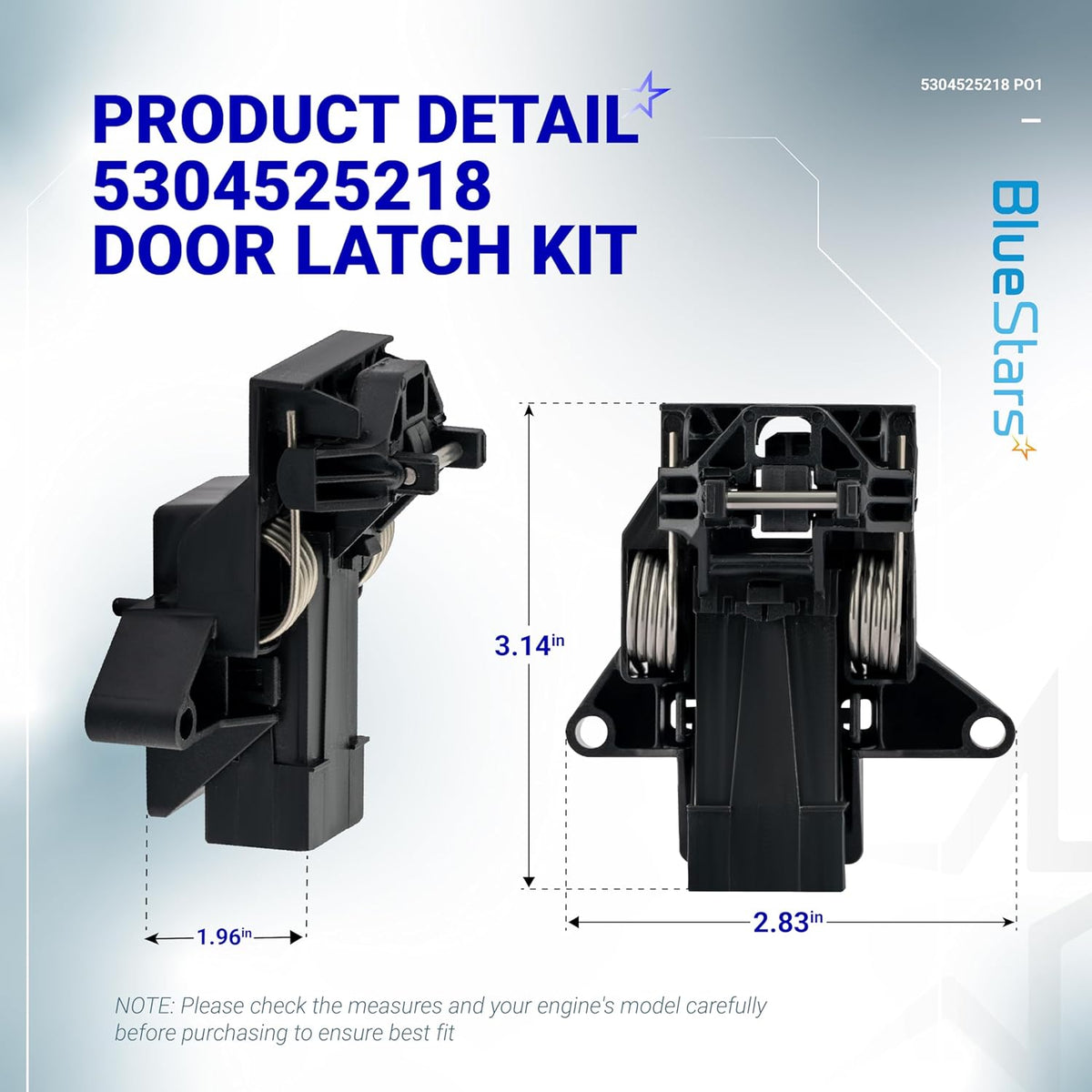 Dimensional diagram of 5304525218 dishwasher door latch showing side and front views with measurements.