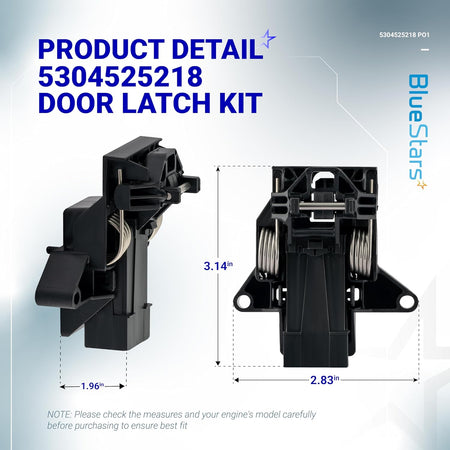 Dimensional diagram of 5304525218 dishwasher door latch showing side and front views with measurements.