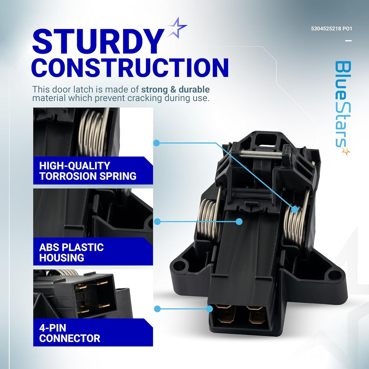 Infographic showing 5304525218 dishwasher door latch features including corrosion spring, ABS housing, and 4-pin connector.