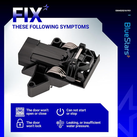 5304525218 dishwasher door latch assembly with symptom troubleshooting guide for Frigidaire, Electrolux, and Kenmore.