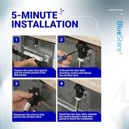 Four-step installation guide for 5304525218 dishwasher door latch replacement.