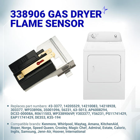 338906 Gas Dryer Flame Sensor shown at an angle beside a white dryer illustration with replacement part text