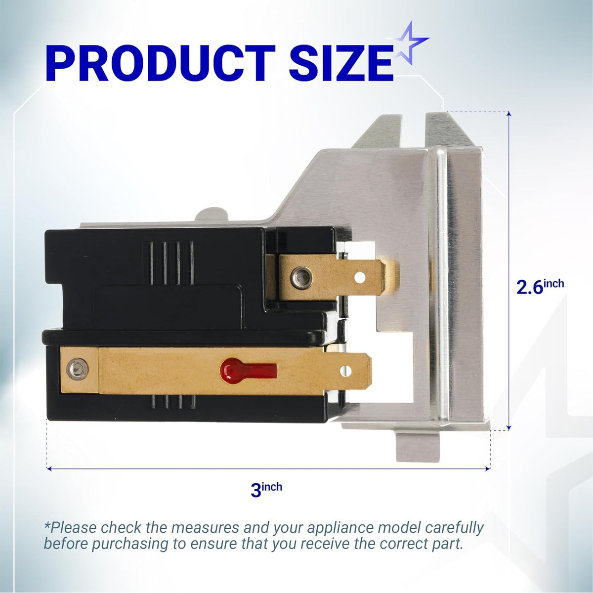 338906 Gas Dryer Flame Sensor product size diagram showing 3-inch length and 2.6-inch height