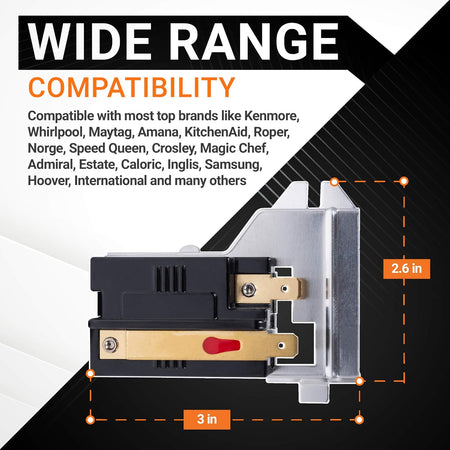 338906 gas dryer flame sensor showing dimensions and wide brand compatibility list.