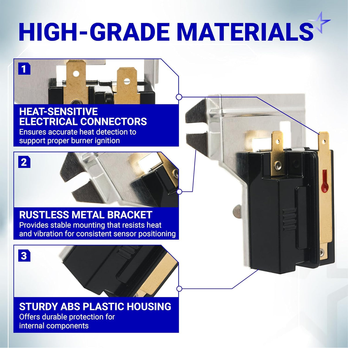 338906 Gas Dryer Flame Sensor - materials infographic showing electrical connectors, metal bracket, and plastic housing