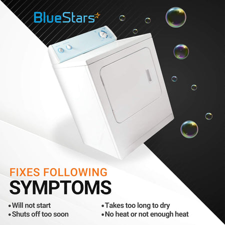 White gas dryer compatible with Whirlpool, Kenmore, and Maytag, illustrating symptoms fixed by 338906 flame sensor.