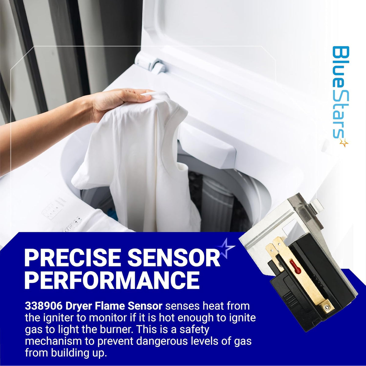 338906 Gas Dryer Flame Sensor marketing graphic with sensor close-up, open dryer, and precise sensor performance text