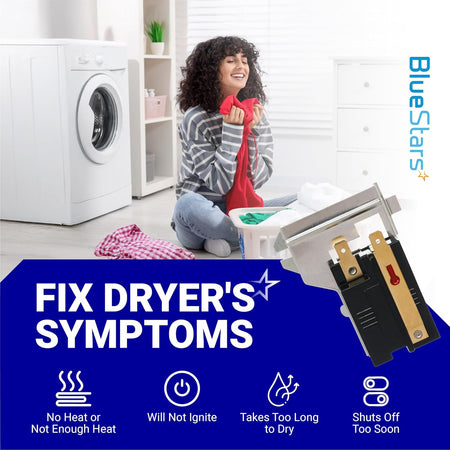 338906 Gas Dryer Flame Sensor shown in a dryer symptoms graphic with no heat, no ignition, long drying, and early shutoff