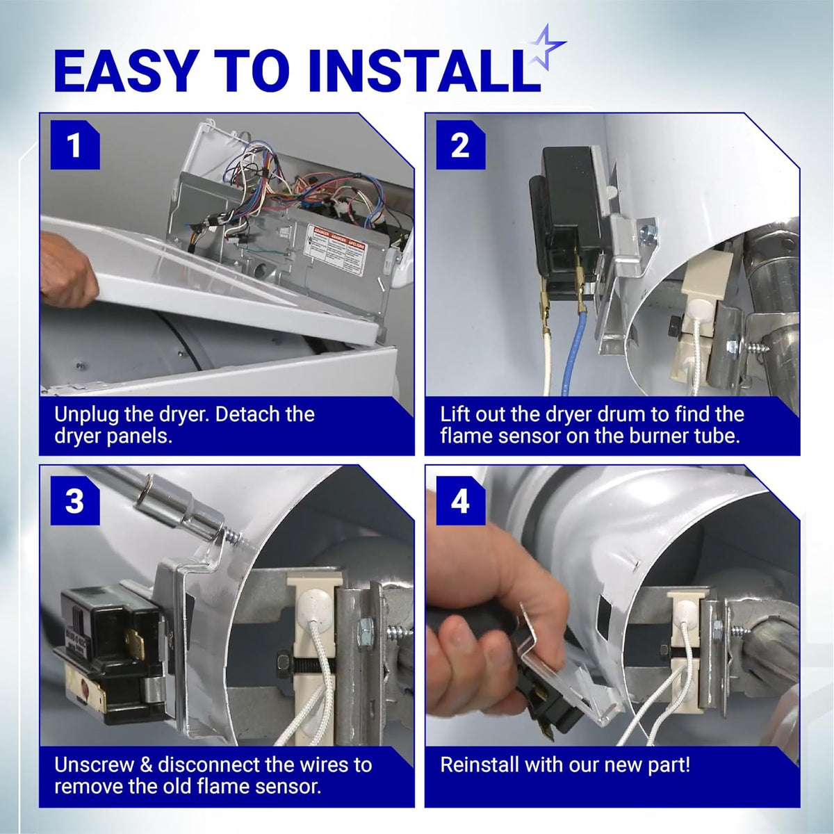 338906 Gas Dryer Flame Sensor installation collage showing removal and replacement steps inside a dryer