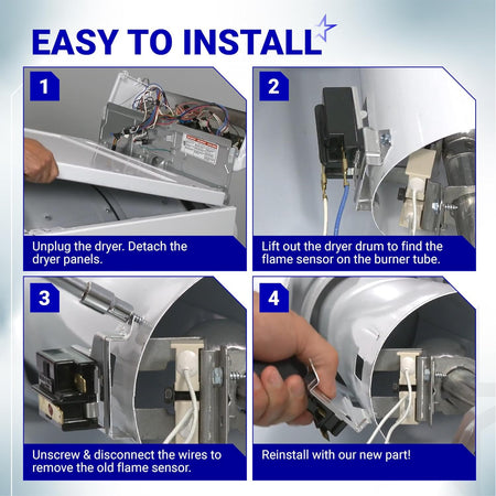 338906 Gas Dryer Flame Sensor installation collage showing removal and replacement steps inside a dryer